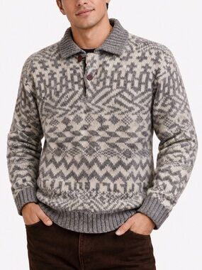 Vintage Boston Trader’s Pale Taupe & Cream Geometric Men's Sweater